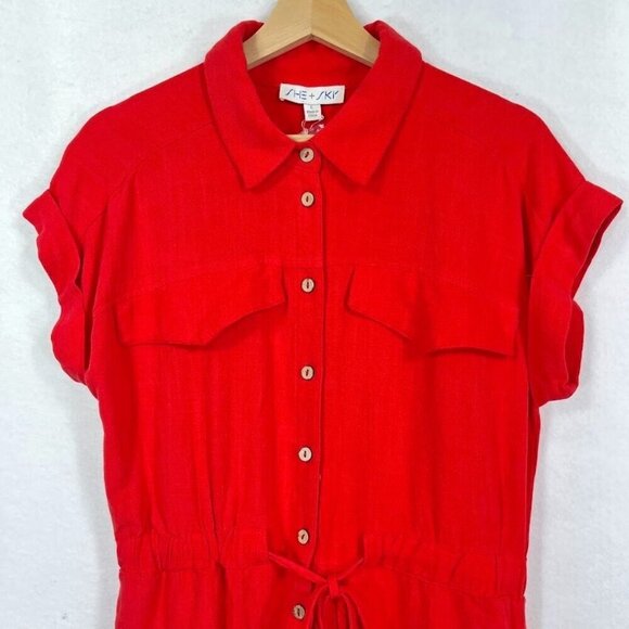 She + Sky Collared Romper Short Sleeve Linen Blend Summer Beach Graduation NWT L - Picture 2 of 6